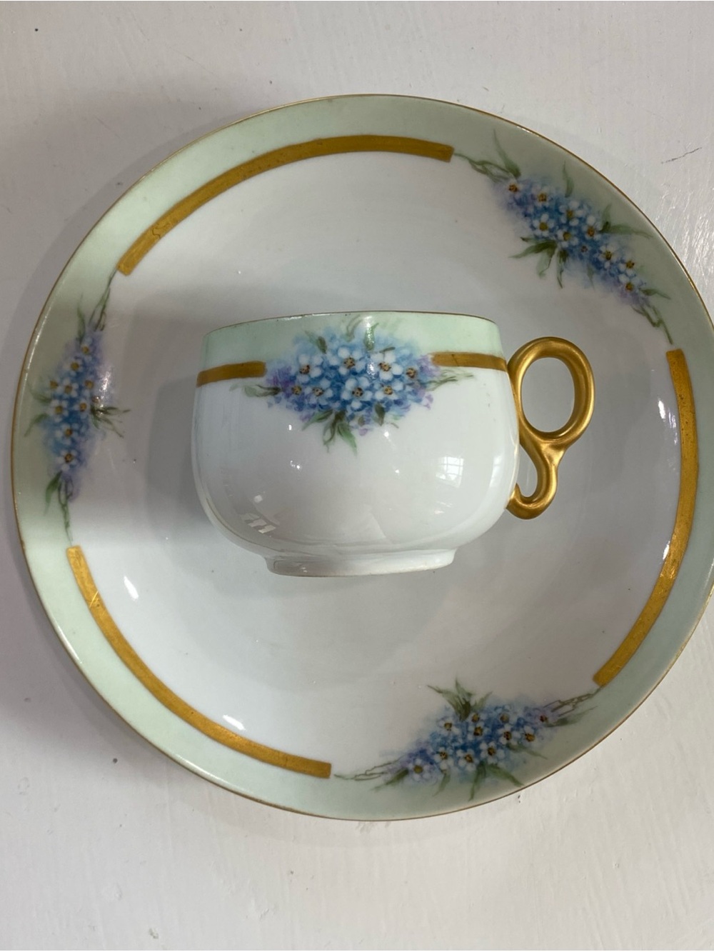 Antique Floral Gold-Trim Teacup & 7.5” Luncheon plate White with Blue Flowers